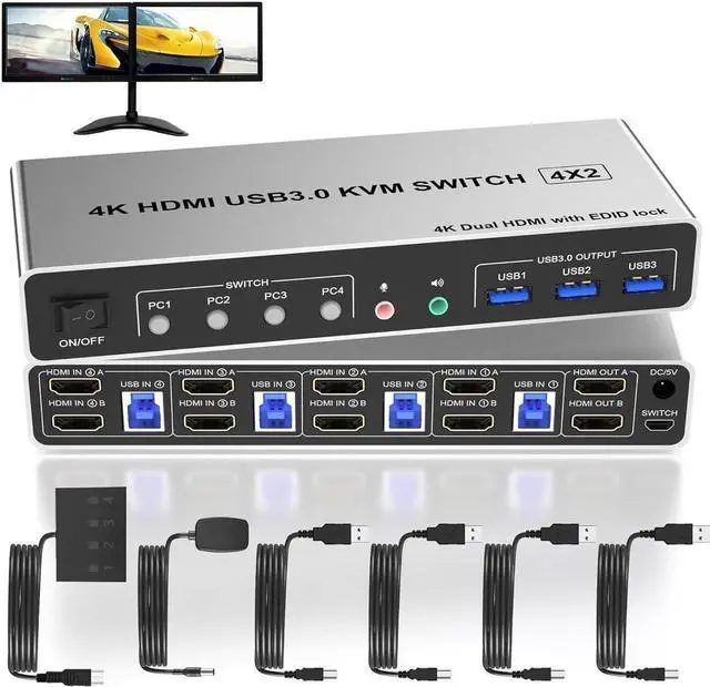 Main image of 4 Port HDMI Dual Monitor USB 3.0 KVM Switch 4K 60Hz, KVM Switch 2 Monitors for 4PCs Supports EDID, HDMI KVM Switch 4 Computers with Audio Microphone Output and 3 USB 3.0 Ports, 4 in 2 Out KVM