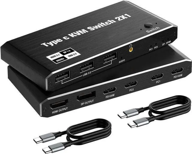 Main image of USB C KVM Switch 8K @60Hz 4K @120Hz, 2 Port Type C KVM Switch for 2 Computers Share 1 Monitor [HDMI + DisplayPort Output], USB C KCM with 3 USB 2.0 Ports & 100W Power Delivery, 2 USB-C Cables Included