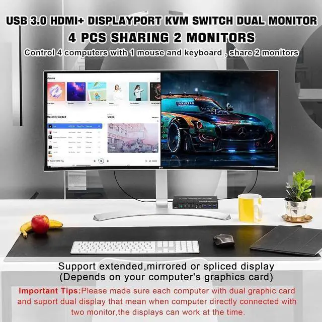 Alt view image 3 of 7 - USB 3.0 Displayport+HDMI Dual Monitor KVM Switch for 4 PCs, 4K 60Hz KVM Switch 2 Monitors 4 Computers, with Audio Microphone Output and 3 USB 3.0 Ports, HDMI+DP Monitor KVM Switch for 4 PCs 2 Monitors
