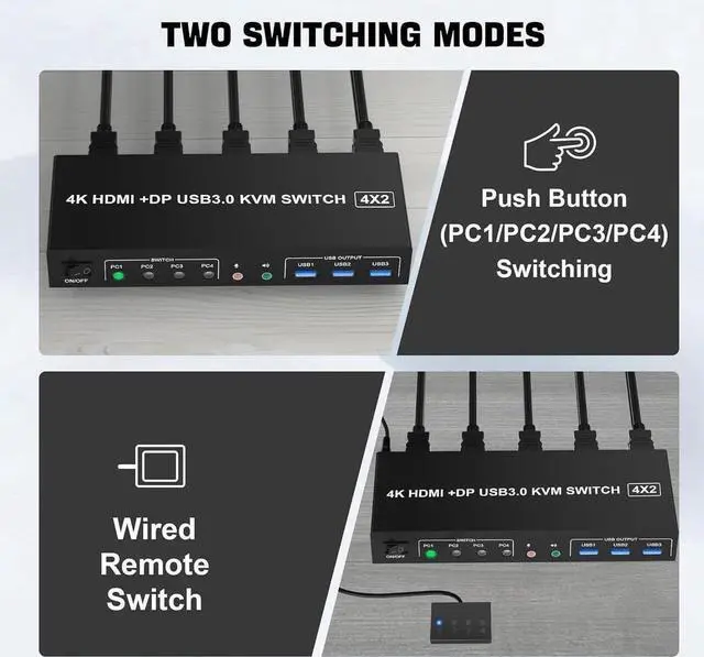 Alt view image 7 of 7 - USB 3.0 Displayport+HDMI Dual Monitor KVM Switch for 4 PCs, 4K 60Hz KVM Switch 2 Monitors 4 Computers, with Audio Microphone Output and 3 USB 3.0 Ports, HDMI+DP Monitor KVM Switch for 4 PCs 2 Monitors