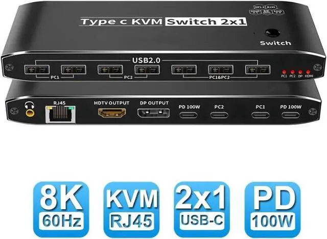 Main image of 2x1 Type C KVM Switch, 8K Thunderbolt 4 USB C KVM Switch with Ethernet Port RJ45 100W PD Charge 4K 144Hz Type C KVM Switch Switcher for 2 Computer 1 Monitor
