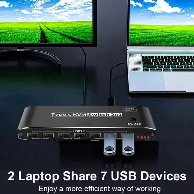 Alt view image 3 of 7 - 2x1 Type C KVM Switch, 8K Thunderbolt 4 USB C KVM Switch with Ethernet Port RJ45 100W PD Charge 4K 144Hz Type C KVM Switch Switcher for 2 Computer 1 Monitor