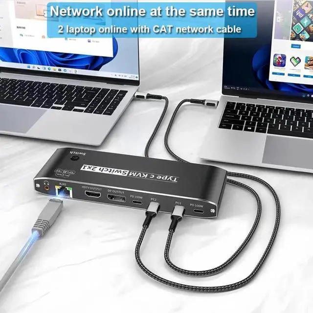 Alt view image 5 of 7 - 2x1 Type C KVM Switch, 8K Thunderbolt 4 USB C KVM Switch with Ethernet Port RJ45 100W PD Charge 4K 144Hz Type C KVM Switch Switcher for 2 Computer 1 Monitor