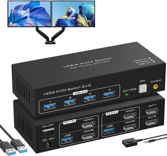 Main image of 2 Port Dual Monitor HDMI KVM Switch for 2 monitors 2 computers, Support 8K @60Hz 4K @120Hz USB 3.0 HDMI KVM Switcher 2 in 2 Out for 2 computers share 4 usb 3.0 ports and dual monitor