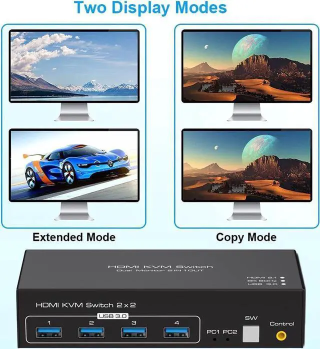 Alt view image 3 of 7 - 2 Port Dual Monitor HDMI KVM Switch for 2 monitors 2 computers, Support 8K @60Hz 4K @120Hz USB 3.0 HDMI KVM Switcher 2 in 2 Out for 2 computers share 4 usb 3.0 ports and dual monitor