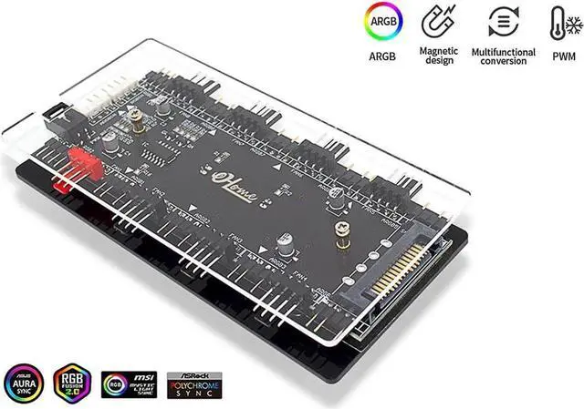 Alt view image 5 of 7 - 12V 4pin to 5V 3Pin ARGB Convertor Controller & 4Pin PWM 2-In-1 Hub 8 Ports,4Pin Fan & Mistic Light Sync Adapter with PMMA Case and Magnetic Standoff for A.SUS/M.SI LED Strip - SATA Powered