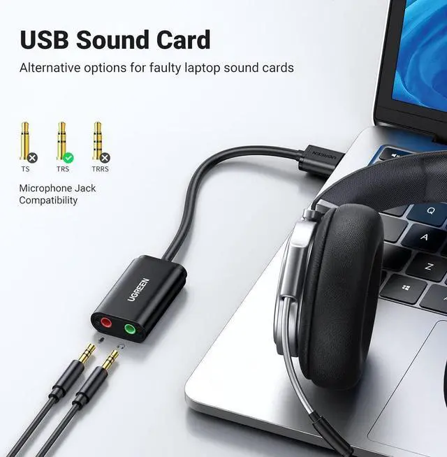 Alt view image 2 of 7 - USB to Audio Jack Sound Card Adapter with Dual TRS 3-Pole 3.5mm Headphone and Microphone USB to Aux 3.5mm External Audio Converter for Windows Mac Linux PC Laptops Desktops PS5 Headsets Black