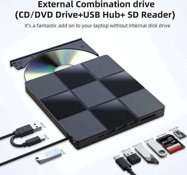 Alt view image 5 of 7 - [7 in 1] External CD DVD Drive, USB 3.0 Type-C CD DVD +/- RW Burner - Plug and Play - External Optical DVD CD ROM Drive for Laptop PC Computer, USB CD/DVD Drive Compatible with Windows 11/10 Mac OS