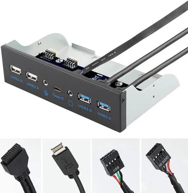 Main image of 5.25 Inch Front Panel 7 Ports USB Hub w/ HD Audio & Microphone, USB 3.2 Gen 2(10Gbps) Type-C,2 x USB 3.0 & 2 x USB 2.0 ,3.5mm Audio & Mic ,USB Motherboard Header to PC Case Expansion Adapter