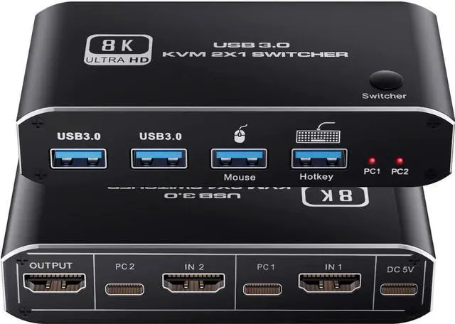 Main image of 8K @60Hz HDMI2.1 KVM Switch 2 in 1 Out, 2 Port HDMI 2.1 USB KVM Switch for 2PC Shares 1 Set Mouse, Keyboard and Monitor, Support 8K @60Hz, 4K @120Hz, Hotkey, 4x USB 3.0 Port, HDMI2.1 in/Out Port