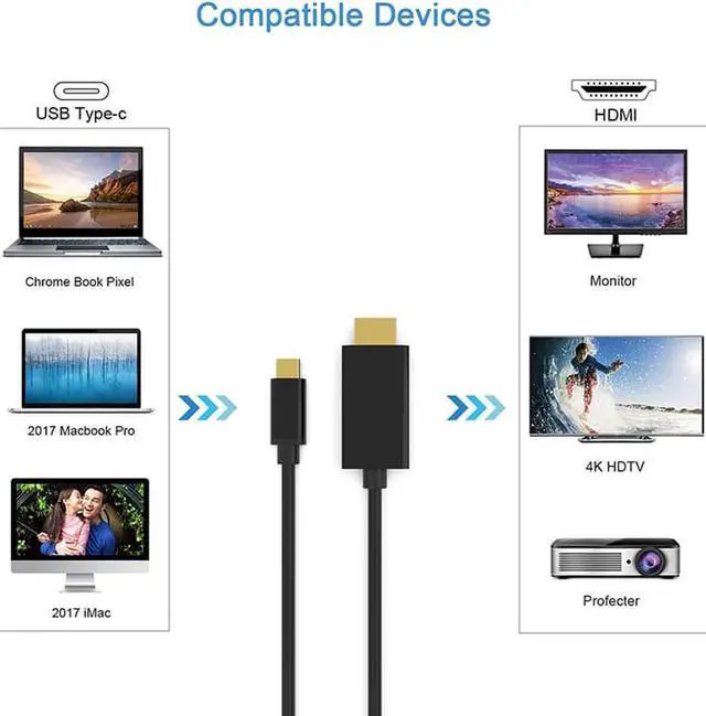 Alt view image 5 of 5 - USB Type C to HDMI 4K Cable, Thunderbolt 3 compatible, DP Alt Mode, Male to Male, for MacBook/ MacBook Pro/ Chromebook Pixel/ Yoga 910/ XPS 13, 6 feet /Black