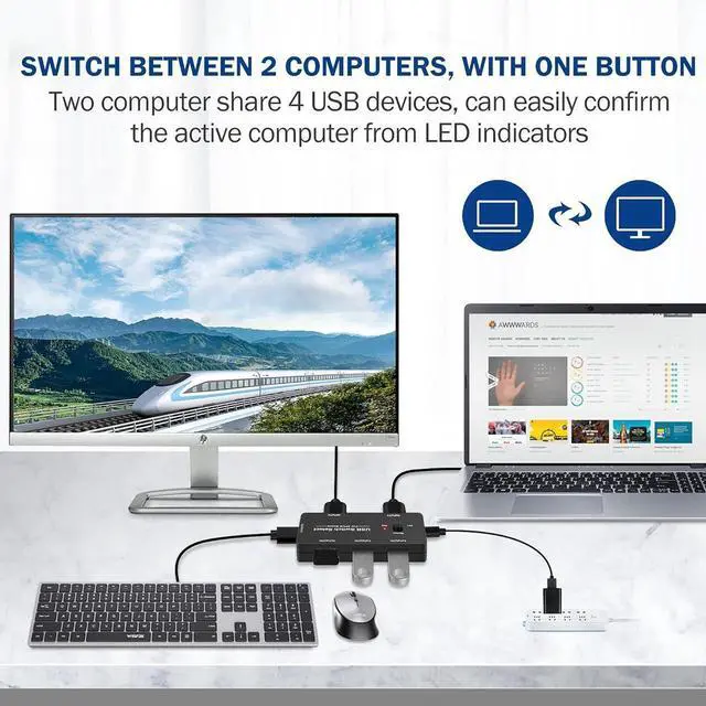Alt view image 2 of 7 - USB Switch 2 in 4 Out, USB Switcher for 2 Computers Sharing 4 USB Devices, USB 2.0 Switch Selector Box, USB KVM Switcher Selector 4 Ports for Keyboard Mouse Scanner Printer PC, With 2 Pack USB Cables