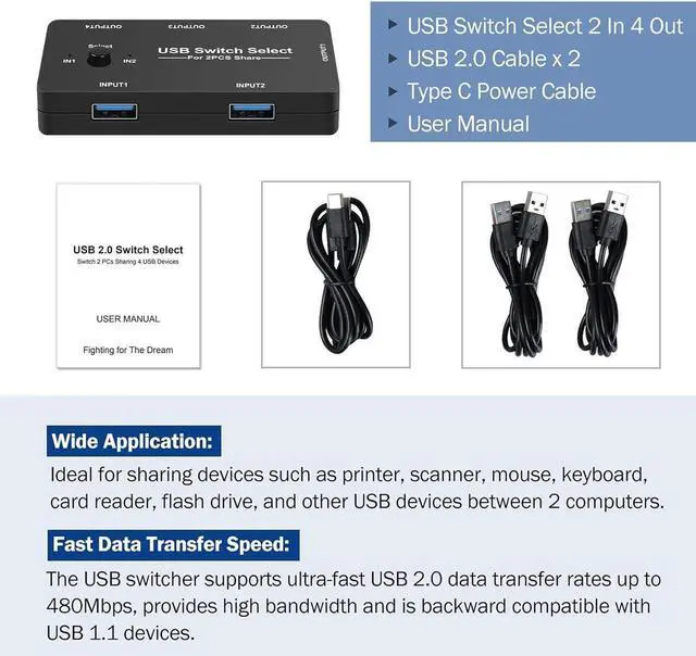Alt view image 6 of 7 - USB Switch 2 in 4 Out, USB Switcher for 2 Computers Sharing 4 USB Devices, USB 2.0 Switch Selector Box, USB KVM Switcher Selector 4 Ports for Keyboard Mouse Scanner Printer PC, With 2 Pack USB Cables