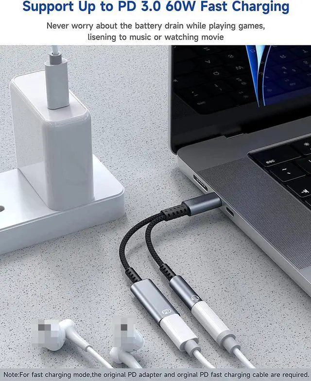 Alt view image 3 of 7 - USB C to 3.5mm Headphone and Charger Adapter, 2 in 1 USB C PD 3.0 Charging Port to Aux Audio Jack and 60W Fast Charging Dongle Cable Cord for Gal-axy S22/S21/S20/Note 20,Pixel 6/5/4/XL, i-P-a-d Pro