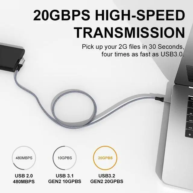 Alt view image 3 of 7 - 240W USB C to USB C Cable 10ft, USB C 3.2 Gen 2 Cable 20Gbps Data, 90 Degree Right Angle Thunderbolt 3 USB C to C Cable, 4K@60Hz Video Cord to Compatible with USB-C MacBook, i-Pad Pro, Monitor etc.
