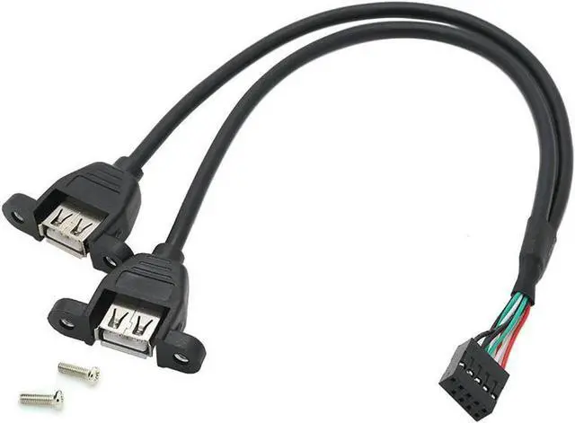 Main image of Panel Mount USB 2.0 Cable - Motherboard USB 9Pin to 2 USB A Female Splitter Cable w/ Screws - 1.64FT,Black
