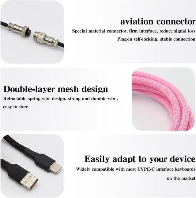 Alt view image 5 of 6 - Customer Coiled Keyboard Cable for Gaming Mechanical Keyboard, Handwork Braided + PET Mesh, Metal Plug, with Detachable Metal Aviator Connector, 3 Meters USB C Aviator Cable (Black)