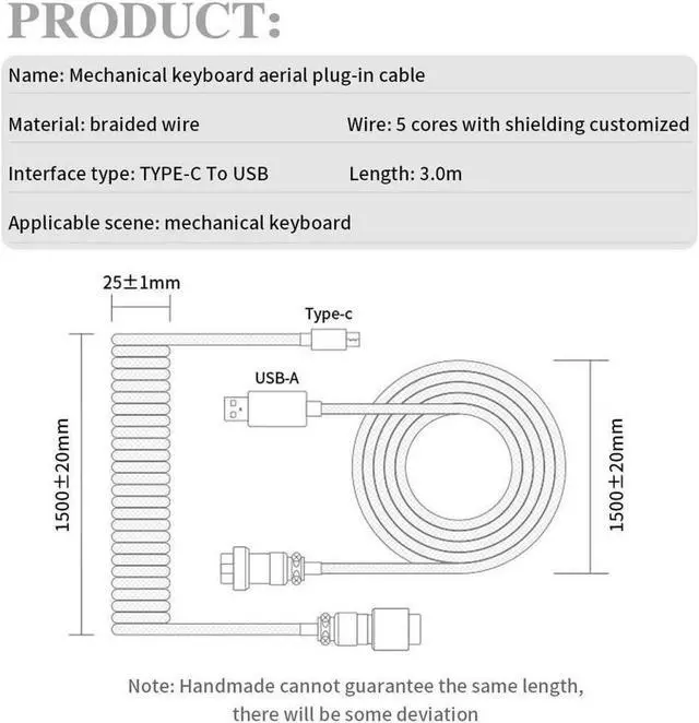 Alt view image 6 of 6 - Customer Coiled Keyboard Cable for Gaming Mechanical Keyboard, Handwork Braided + PET Mesh, Metal Plug, with Detachable Metal Aviator Connector, 3 Meters USB C Aviator Cable (Black)