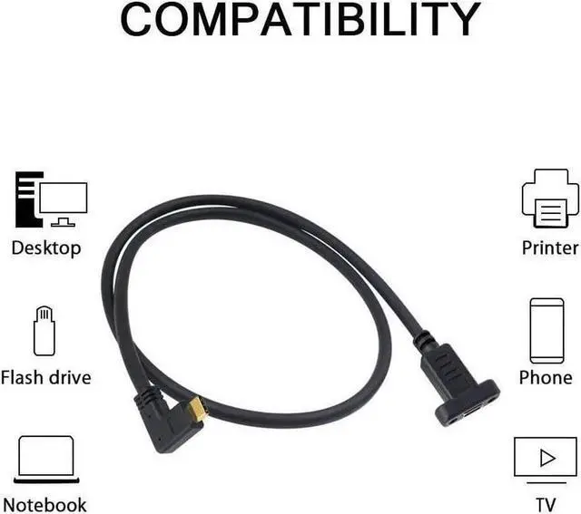 Alt view image 6 of 6 - 90 Degree USB C Male to Female Extension Cable 2feet/60cm, Right Angled USB 3.1 Type C Extender Charging & Sync Cable with Panel Mount Screw Hole (USB C Right)