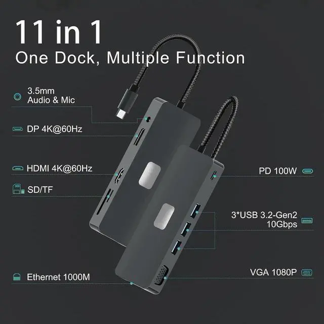 Alt view image 2 of 7 - Type C Docking Station for Laptops, 11 in 1 USB C Docking Station 3 Monitors to 4K HDMI, VGA, DP, USB C Hub Multiport Adapter to 3 * 10Gbps USB 3.2, 1000M Ethernet, PD 100W, SD/TF for Laptops