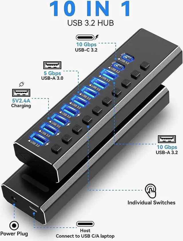 Main image of Powered USB Hub 3.2, 10-Port USB 3.2/USB C Hub (10Gbps USB-A 3.2 + 2x USB-C 3.2 + 7x USB 3.0 Ports) with Individual On/Off Switches and 12V Power Adapter, Aluminum USB Hub Powered for Laptop PC