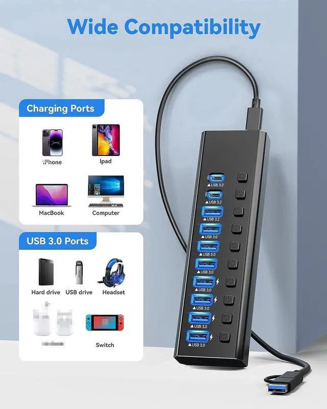 Alt view image 4 of 7 - Powered USB Hub 3.2, 10-Port USB 3.2/USB C Hub (10Gbps USB-A 3.2 + 2x USB-C 3.2 + 7x USB 3.0 Ports) with Individual On/Off Switches and 12V Power Adapter, Aluminum USB Hub Powered for Laptop PC