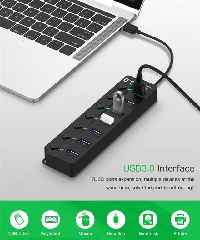 Alt view image 6 of 7 - 7 Ports Powered USB HUB 3nd Generation 5GB Super Speed External USB Port USB 3.0 USB Hub for Computer, Mac, PCs, Smartphone & Tablets Computer Multiple USB Hub (Powered Black)