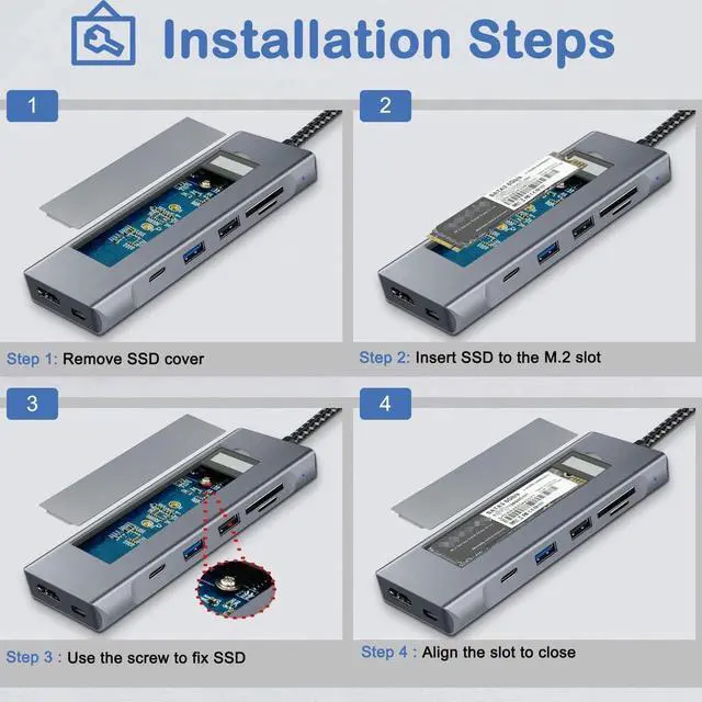 Alt view image 3 of 7 - USB-C Hub with M.2 NVMe/SATA SSD Enclosure, 8 in 1 USB C Hub Adapter Fits PCIe 3.0 NVMe M.2 SSD, 2.5-inch SATA HDD with 4K HDMI, 10Gbps USB-C 3.1 & USB 3.1, USB 2.0, SD/Micro SD, 100W PD for Laptops