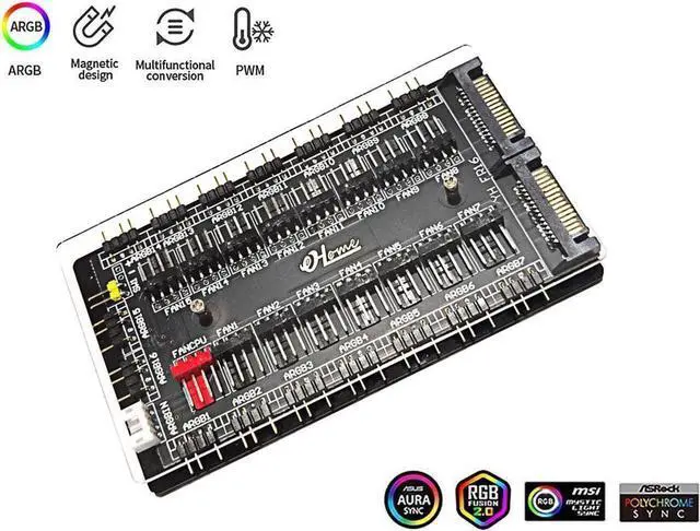 Main image of 12V 4Pin PWM Hub & 5V 3Pin ARGB Controller with SATA 15Pin Power 2-in-1 16 Way Sync CPU Cooling Fan Addressable RGB Lighting PCB Splitter for Extended Motherboard Interface & LED Strip -Black