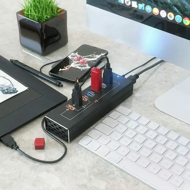 Alt view image 4 of 7 - Powered USB Hub - Multi-Port USB Hub with 7 USB 3.0 Ports, 3 Fast Charging USB 3 0 Ports, with Cords C and A, Power USB HUB Adapter