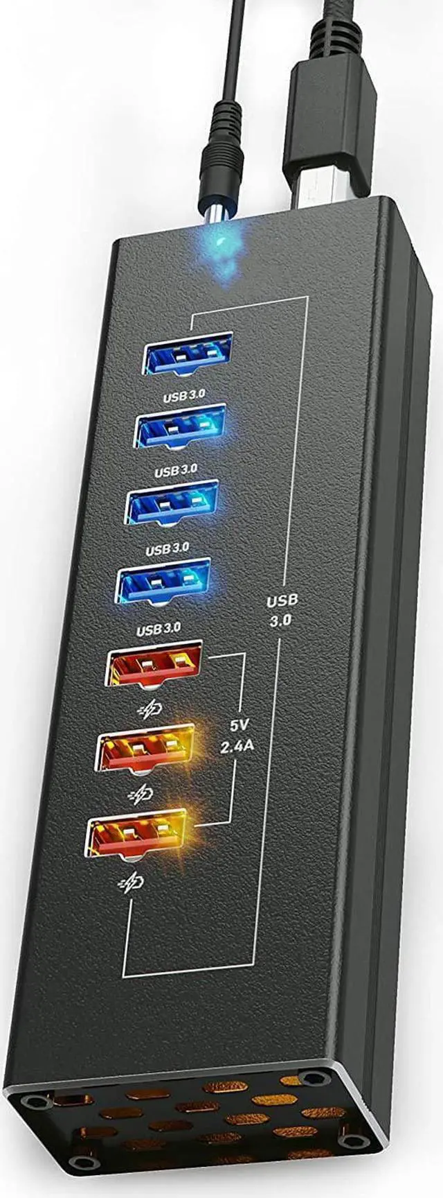 Alt view image 3 of 7 - Powered USB Hub - Multi-Port USB Hub with 7 USB 3.0 Ports, 3 Fast Charging USB 3 0 Ports, with Cords C and A, Power USB HUB Adapter