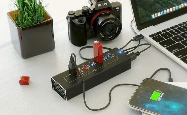 Alt view image 5 of 7 - Powered USB Hub - Multi-Port USB Hub with 7 USB 3.0 Ports, 3 Fast Charging USB 3 0 Ports, with Cords C and A, Power USB HUB Adapter