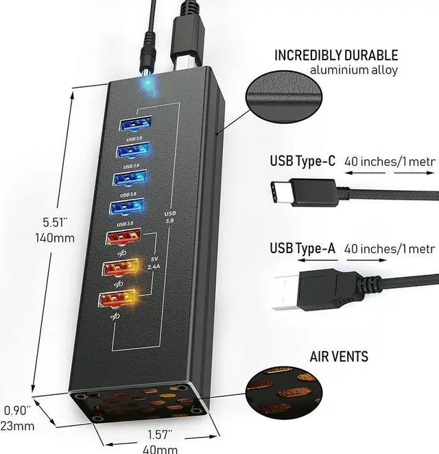 Alt view image 2 of 7 - Powered USB Hub - Multi-Port USB Hub with 7 USB 3.0 Ports, 3 Fast Charging USB 3 0 Ports, with Cords C and A, Power USB HUB Adapter