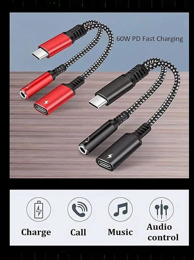 Alt view image 4 of 4 - USB C to 3.5mm Audio Adapter 2-in-1 Splitter with PD Charger Cable Type C to 3.5 mm Aux Jack Headphones Cord and 60W Fast Charging Port Wire (Black)