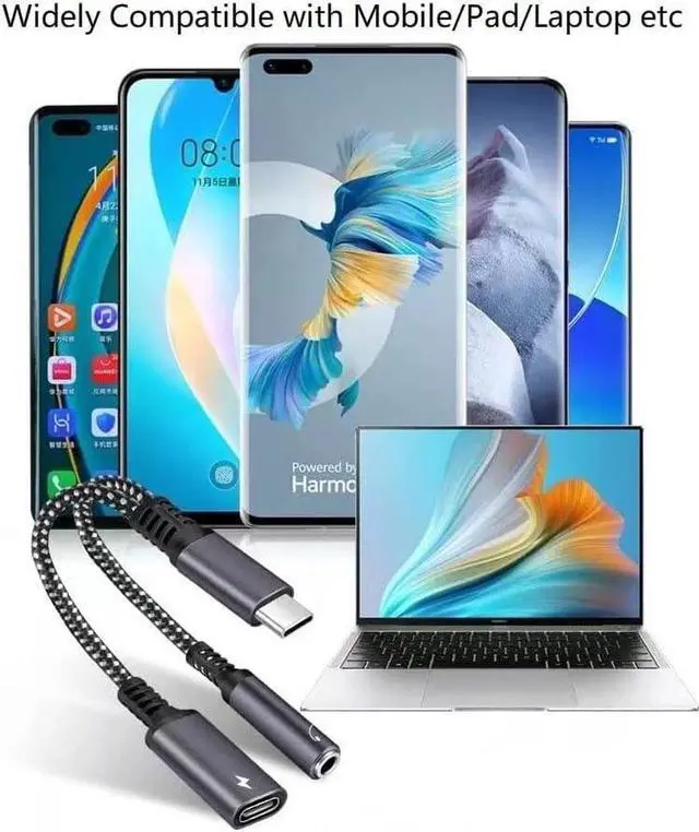 Alt view image 2 of 4 - USB C to 3.5mm Audio Adapter 2-in-1 Splitter with PD Charger Cable Type C to 3.5 mm Aux Jack Headphones Cord and 60W Fast Charging Port Wire (Black)