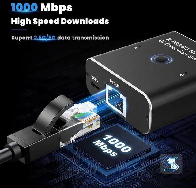 Alt view image 3 of 7 - 2 Ports 2.5G/5G Gigabit Network Switch,10/100/1000/10000Mbps 2 in 1 Out or 1 in 2 Out Two Way Switch Manual Pushbutton,RJ45 Internal External Networking Switcher Adapter for Cat5/5e/6/7/8 Cable