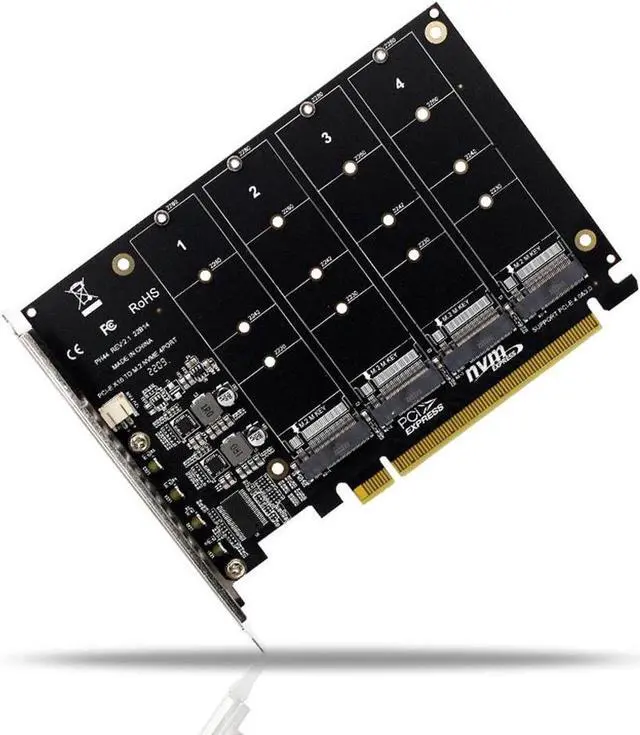 Alt view image 4 of 6 - Quad M.2 NVME SSD to PCIe 4.0/3.0 x16 Expansion Card,4-Drive M-Key SSD 4x32Gbps Soft Raid Card with LED Indicator for 2280/2260/2242/2230 PCIe-Base M2 SSD