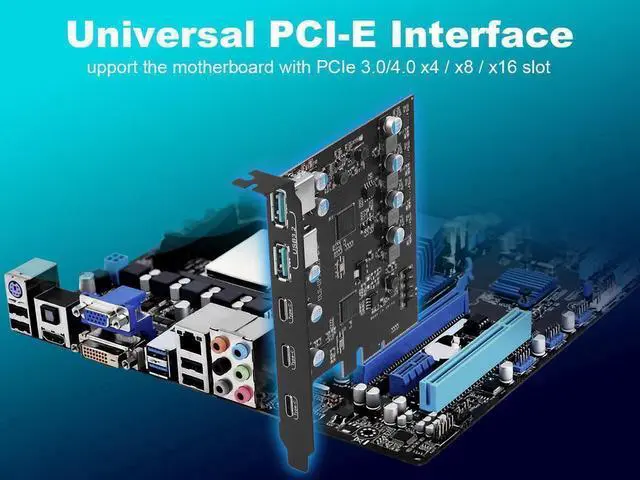 Main image of PCIe 3.0/4.0 to 10Gbps USB 3.2 Gen2 Expansion Card,5-Ports (3x USB Type-C,2x USB A) to PCI Express x4 PC Internal USB Hub for Windows 10/8/7 Linux and MAC OS 10.8.2 above with Full-Profile Slot Cover