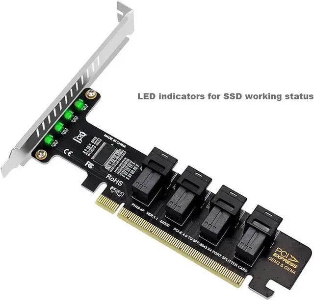 Alt view image 3 of 6 - U.2 NVME SSD to PCIe 4.0/3.0 x16 Expansion Card,4-Drive U.2 SSD 32Gbps Card with LED Indicator,PCIe x16 to SFF-8643 for SFF-8639 U.2 HDD with Full Profule and Low Profile PCI Brackets