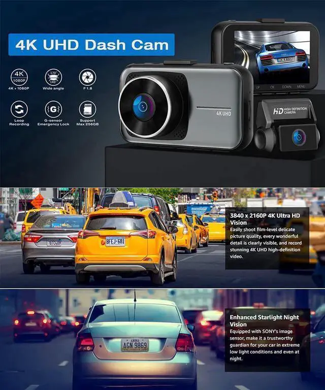 Alt view image 6 of 7 - Real 4K 5G WiFi Dual Dash Cam with WiFi GPS,2160P Car Camera with Free App,UHD 4K+1080P Driving recorder,3 Inch Car Dash Camera,24/7 Parking Mode,Night Vision,Emergency Lock,Loop Recording,G-sensor