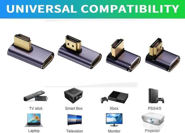 Alt view image 2 of 6 - 8K HDTV 90 Degree Adapter (4 Pack), Up & Down,Left & Right Angle HDMI-compatible Connector, UHD 48Gbps Male to Female Extender Support 8K@60Hz 4K@120Hz for Laptop,DVD,UHD TV, Monitors,PS