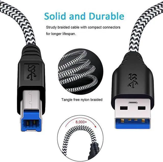 Alt view image 2 of 7 - USB 30 Cable A Male to B Male 2Pack 6ft long USB 3 Cable braided USB 30 A to B Cable Cord White