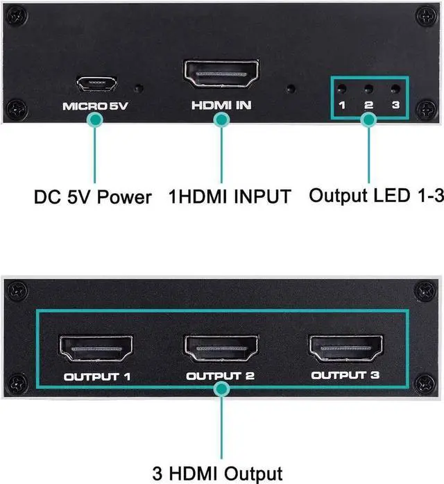 Alt view image 5 of 7 - HDMI Splitter, Duplicate/Mirror, 4K HDMI Splitter 1 in 3 Out [Metal Case, 3Port ] , Powered Splitter, 1 Source to 3 Identical Displays for TV, Projector