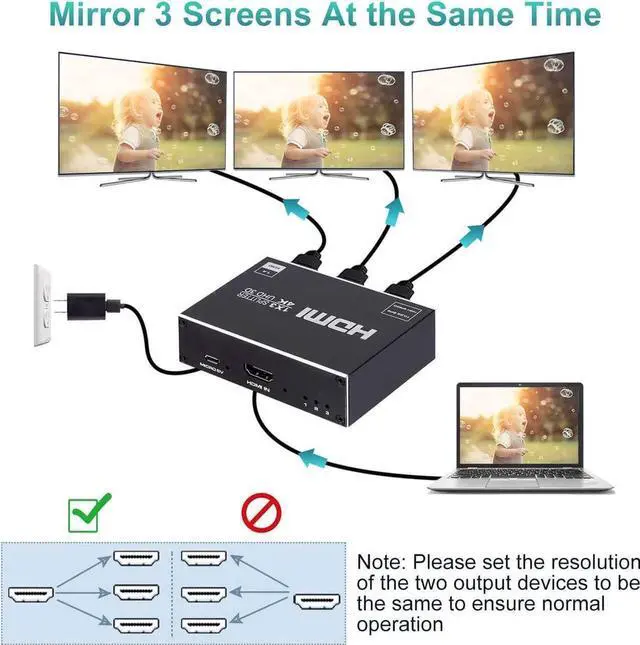 Alt view image 2 of 7 - HDMI Splitter, Duplicate/Mirror, 4K HDMI Splitter 1 in 3 Out [Metal Case, 3Port ] , Powered Splitter, 1 Source to 3 Identical Displays for TV, Projector
