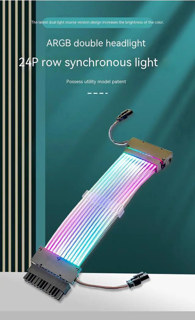 Alt view image 4 of 6 - ARGB Power Extension Cable Power Graphics Card Cable,Mainboard Extension Cable Power Luminous Cable,Dual Head Lamp 24Pin Row Synchronous Illusion Luminous Cable,Wire Harness Assembly,18AWG 41 * 0.16 T