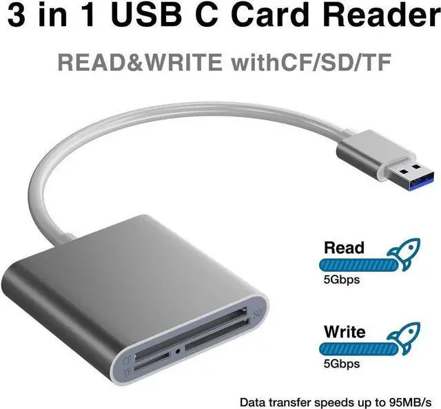 Alt view image 2 of 7 - SD Card Reader USB 3.0 3 Port Memory Card Reader Writer Compact Flash Card Adapter for CF/SD/TF Micro SD/Micro SDHC/MD/MMC/SDHC/SDXC UHS-I Card for Windows & Mac - Aluminum