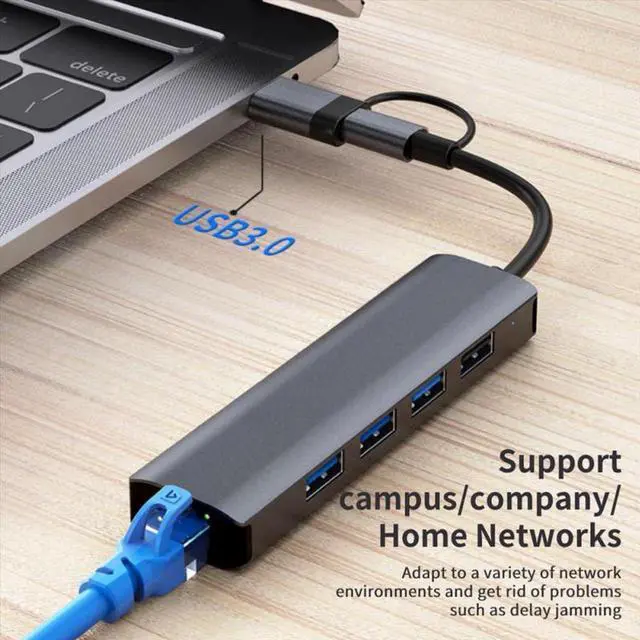 Alt view image 4 of 7 - USB C & USB 3.0 to Ethernet Adapter, [3x USB 3.0 + 1x USB 2.0] 5 in 1 USB Hub with RJ45 10/100/1000 Gigabit Ethernet Adapter Support Windows 10,8.1,Mac OS, Surface Pro,Linux,Chromebook and More