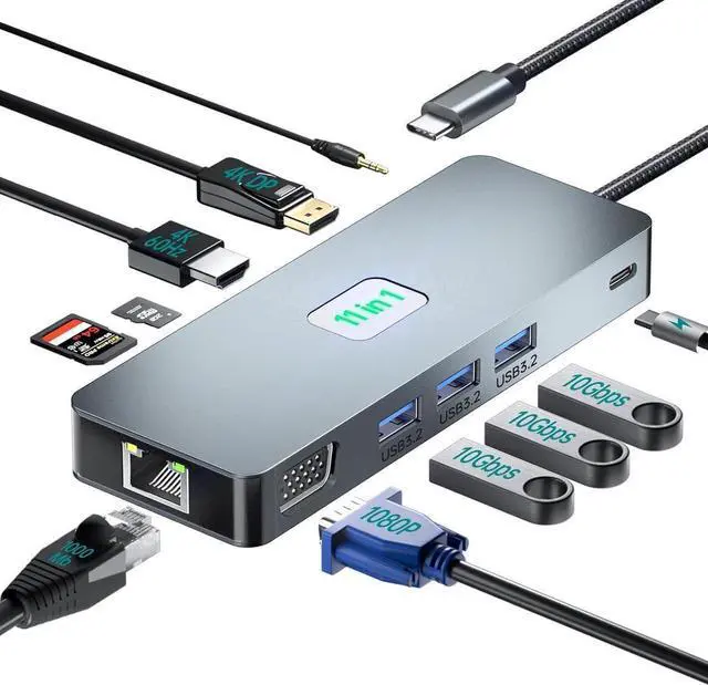 Main image of [11 in 1] USB C Docking Station with 3 USB 3.2 Gen 2 Hub(10Gbps), 100W PD, 4K 60Hz HDMI, 1080P VGA, 1000Mbps LAN, DisplayPort, SD/TF Card, USB 3.2 Gen 2 Hub for Laptop/Phone/Surface/Tablet PC