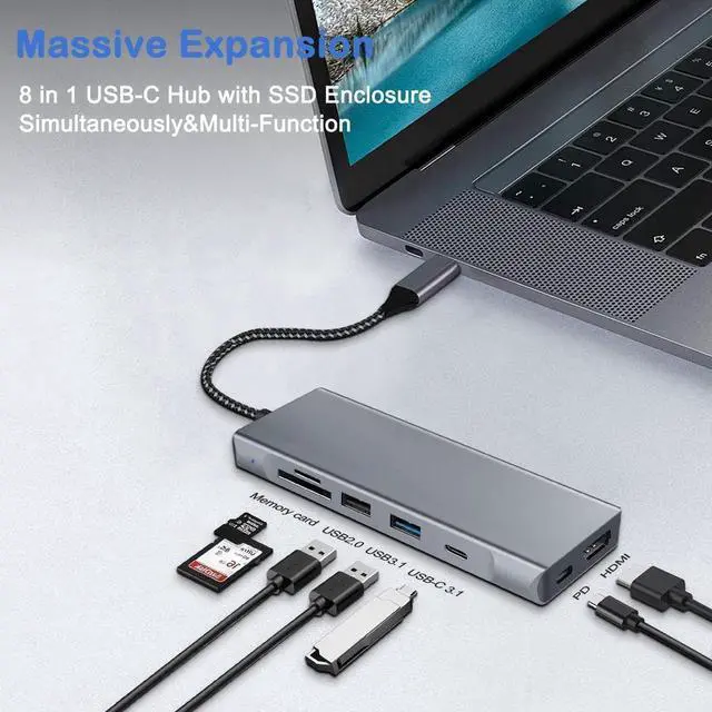 Alt view image 2 of 7 - USB-C Hub with M.2 NVMe/SATA SSD Enclosure, 8 in 1 USB C Hub Adapter Fits PCIe 3.0 NVMe M.2 SSD, 2.5-inch SATA HDD with 4K HDMI, 10Gbps USB-C 3.1 & USB 3.1, USB 2.0, SD/Micro SD, 100W PD for Laptops
