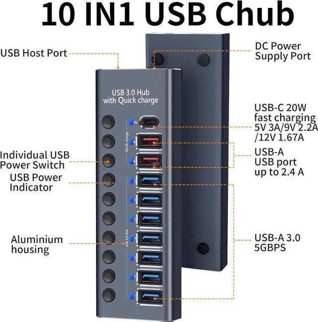 Alt view image 2 of 7 - 10 Ports 60W USB 3.0 Data Port, Aluminum Housing, Individual On/Off Switches, 12V/5A Power Adapter, 5Gbps High Speed, Charging Ports for Laptop, PC, Computer, Mobile HDD